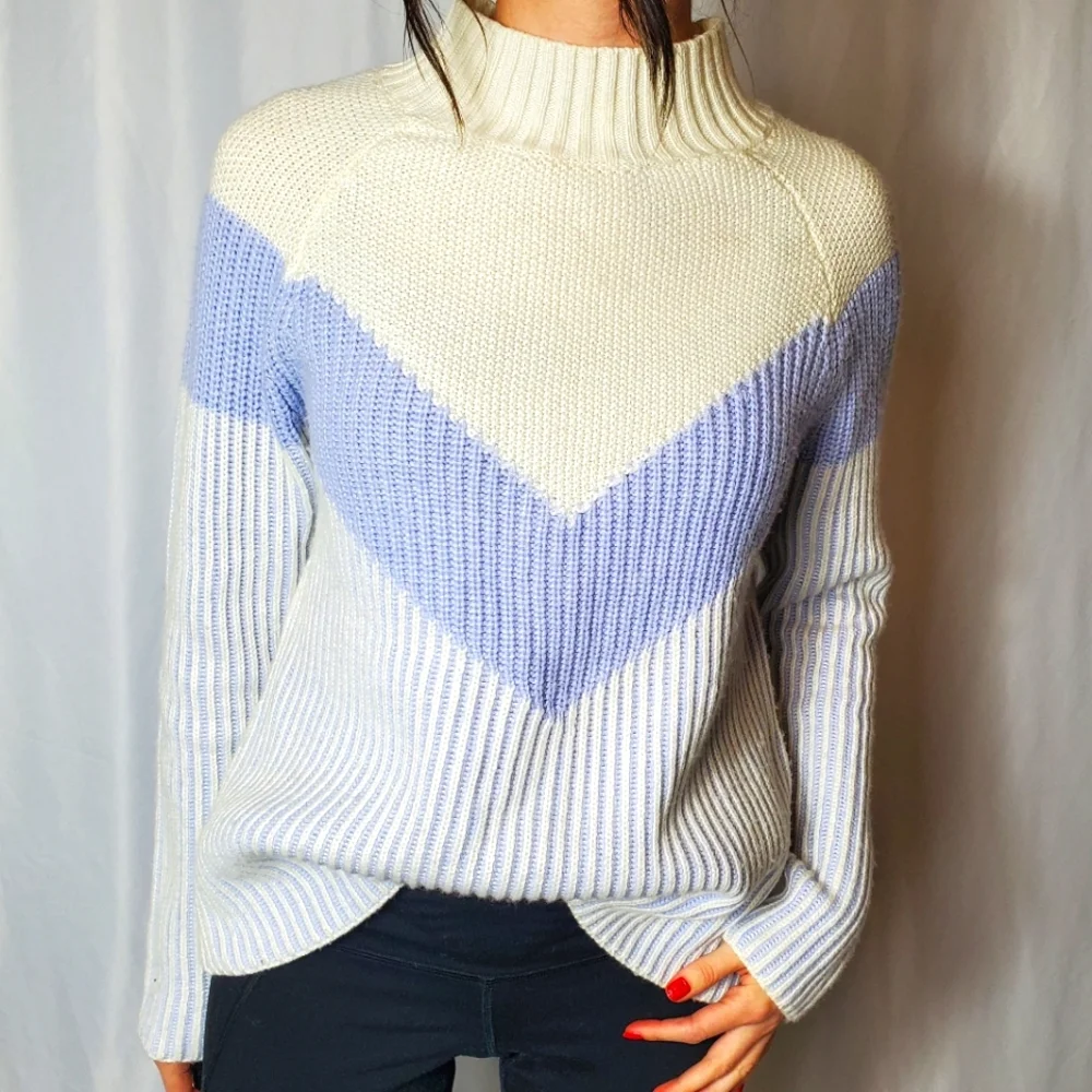 Anthropologie Rue and Willow Cream, Periwinkle Striped Mockneck Cashmere Sweater - Picture 6 of 10